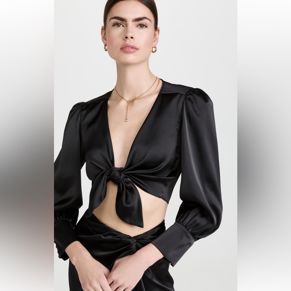 New black satin tie front top
